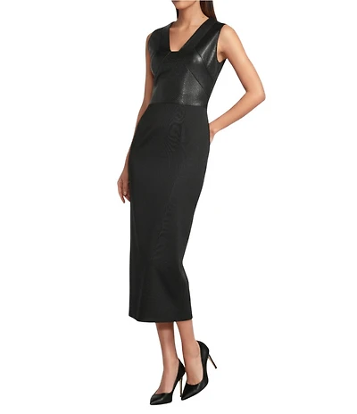 Hugo Boss Drumialda Leather V-Neck Sleeveless Virgin Wool Midi Dress