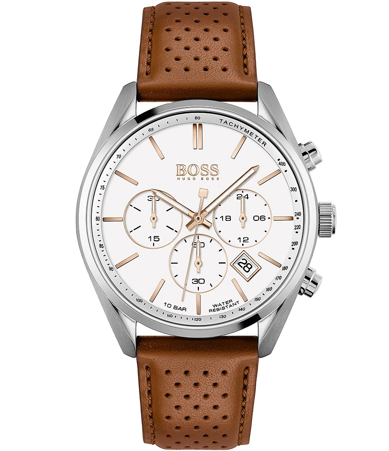 Hugo Boss Men's Chronograph Champion Brown Perforated Leather Strap Watch
