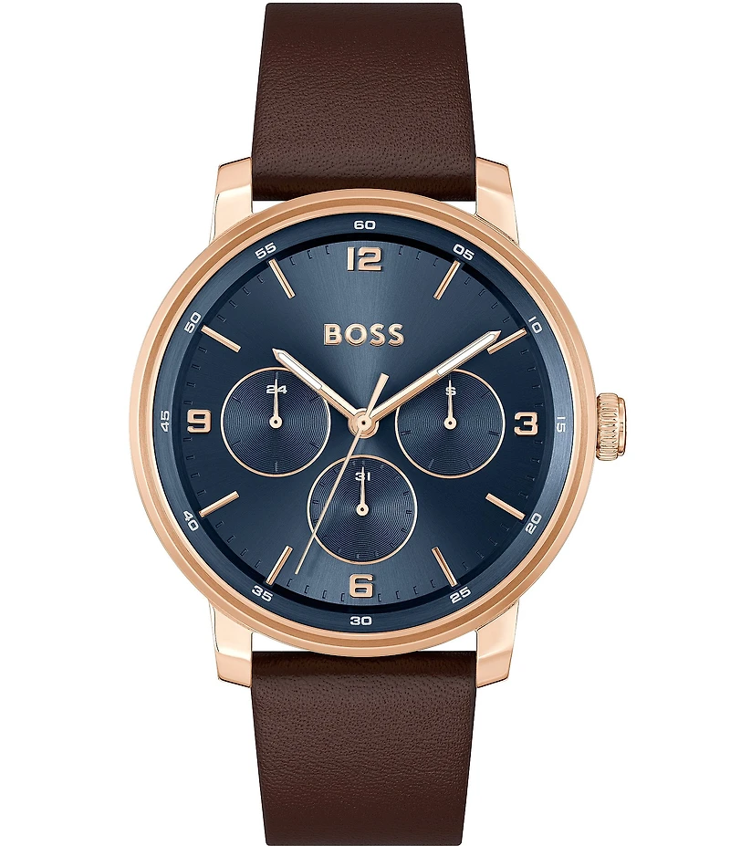 Hugo Boss Men's Contender Multifunction Brown Leather Strap Watch