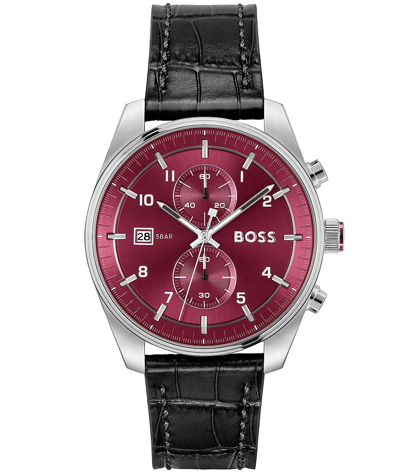 Hugo Boss Men's Skytraveller Quartz Chronograph Burgundy Dial Black Leather Strap Watch