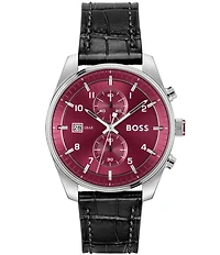 Hugo Boss Men's Skytraveller Quartz Chronograph Burgundy Dial Black Leather Strap Watch