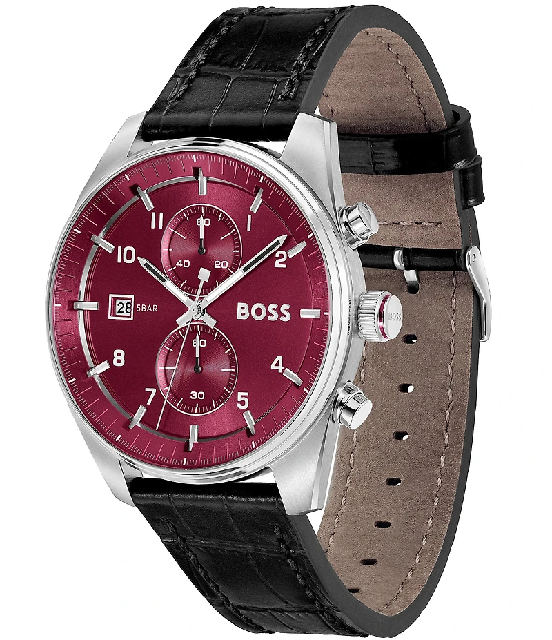 Hugo Boss Men's Skytraveller Quartz Chronograph Burgundy Dial Black Leather Strap Watch