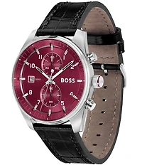 Hugo Boss Men's Skytraveller Quartz Chronograph Burgundy Dial Black Leather Strap Watch