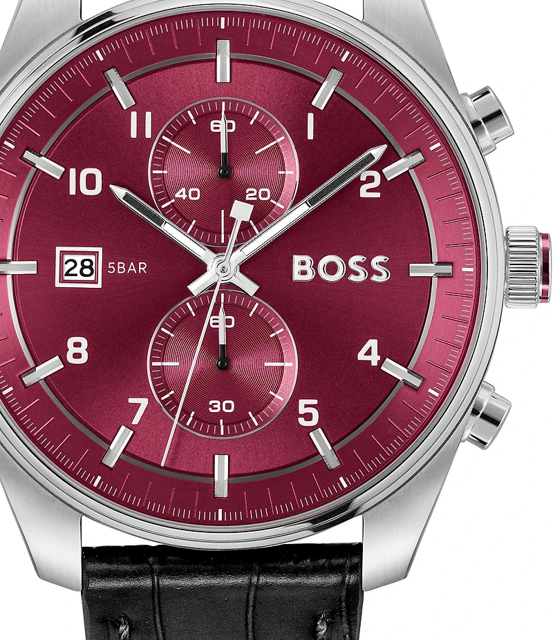 Hugo Boss Men's Skytraveller Quartz Chronograph Burgundy Dial Black Leather Strap Watch