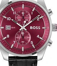 Hugo Boss Men's Skytraveller Quartz Chronograph Burgundy Dial Black Leather Strap Watch