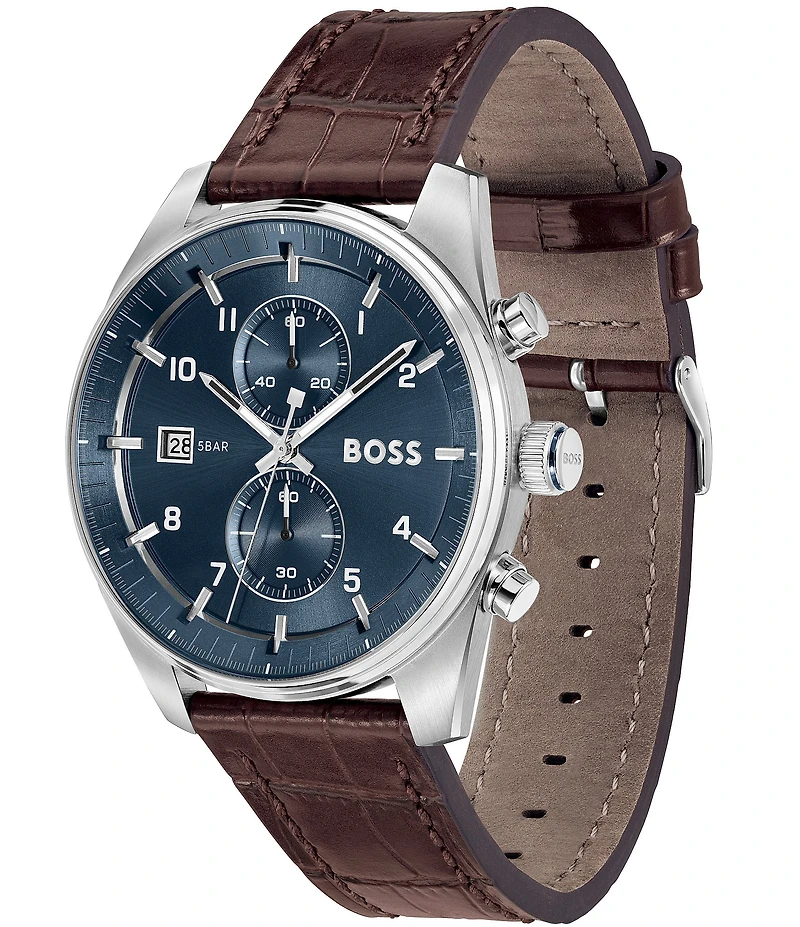 Hugo Boss Men's Skytraveller Quartz Chronograph Burgundy Dial Black Leather Strap Watch