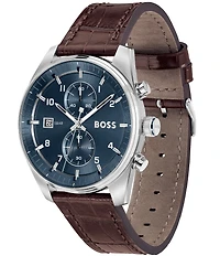 Hugo Boss Men's Skytraveller Quartz Chronograph Burgundy Dial Black Leather Strap Watch