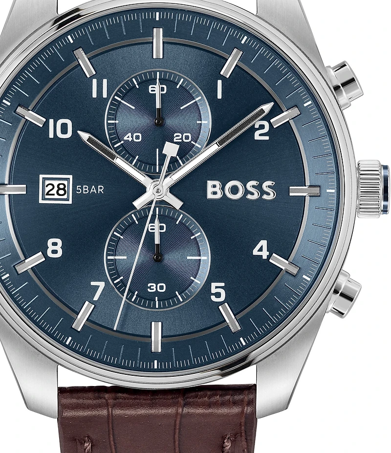 Hugo Boss Men's Skytraveller Quartz Chronograph Burgundy Dial Black Leather Strap Watch