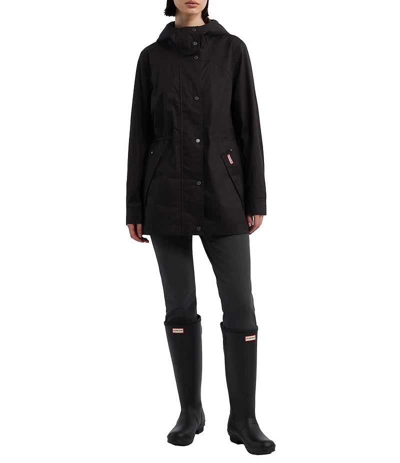 Hunter Adela Cotton Canvas Hooded Neck Adjustable Waist 2-Way Zip Front Rain Jacket