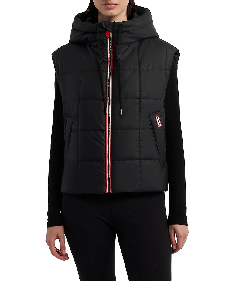 Hunter Lindsey Square Quilted Hooded Neck Sleeveless Pu Coated Zip Front Vest