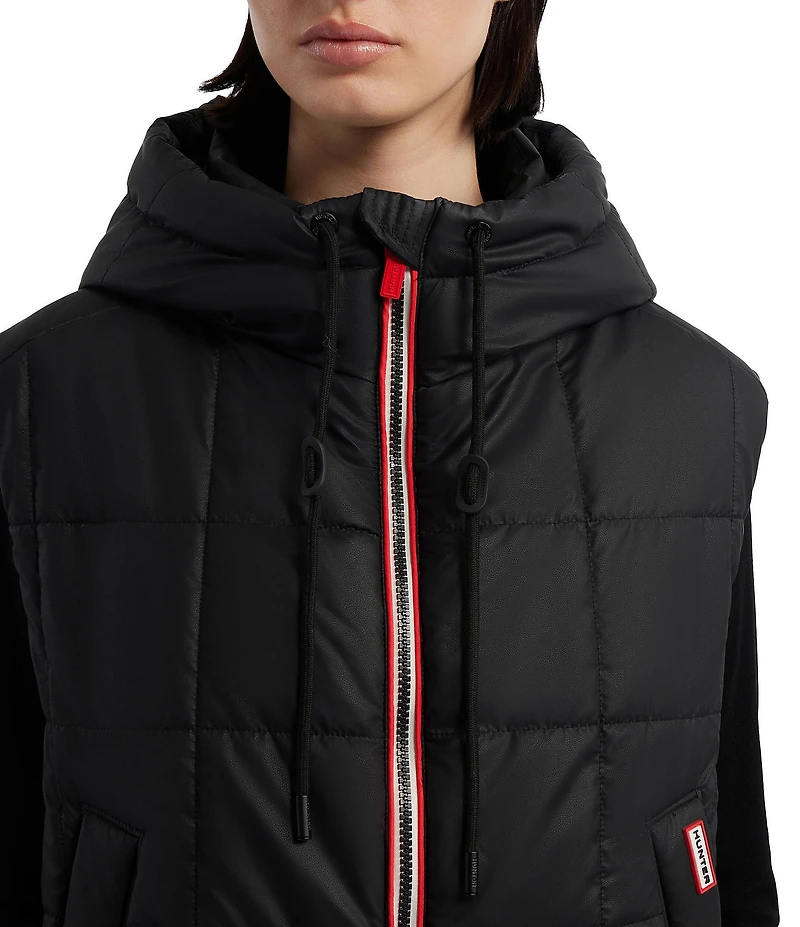 Hunter Lindsey Square Quilted Hooded Neck Sleeveless Pu Coated Zip Front Vest