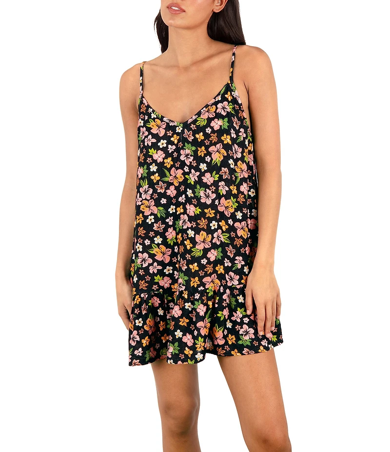 Hurley Hibiscus Dream V-Neck Ruffle Hem A-Line Dress Swim Cover-Up