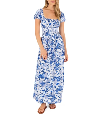 Hurley Paloma Cap Sleeve Tropical Floral Print Crinkled Gauze Maxi Dress