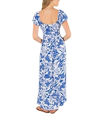 Hurley Paloma Cap Sleeve Tropical Floral Print Crinkled Gauze Maxi Dress