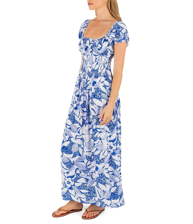 Hurley Paloma Cap Sleeve Tropical Floral Print Crinkled Gauze Maxi Dress