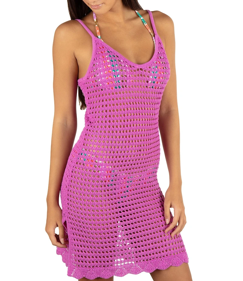 Hurley Solid Crochet Knit V-Neck Spaghetti Straps Swim Cover-Up Mini Dress