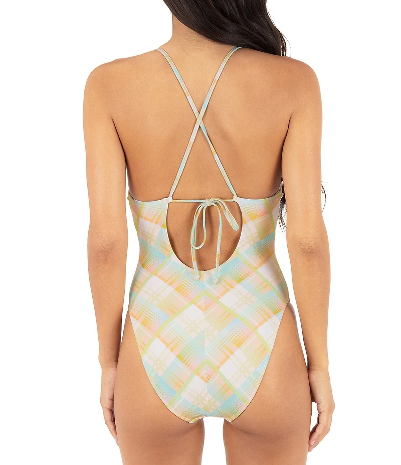 Hurley Vacay Plaid V-Neck Tie Back One Piece Swimsuit