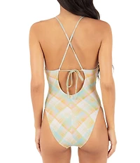 Hurley Vacay Plaid V-Neck Tie Back One Piece Swimsuit