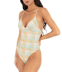 Hurley Vacay Plaid V-Neck Tie Back One Piece Swimsuit