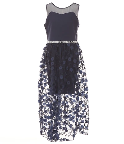 I.N. Girl Big Girls Sleeveless Illusion-Yoke/3D-Appliqued Sheer-Overlay Skirted Walk-Thru Dress