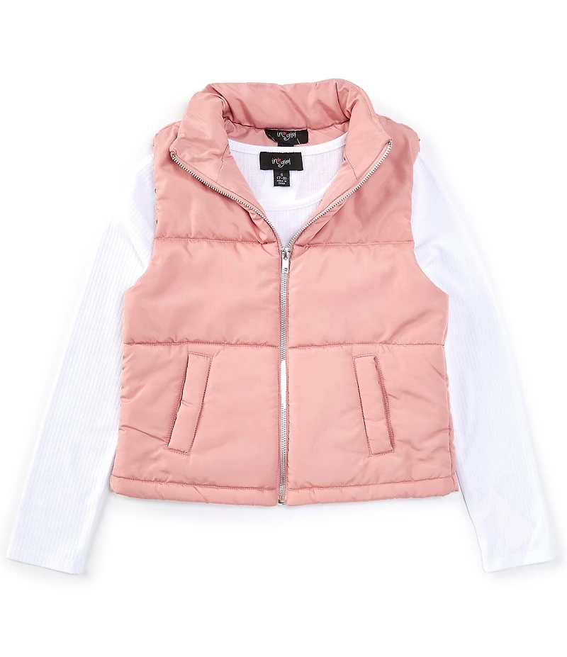 I.N. Girl Big Girls Sleeveless Puffer Vest & Solid Long-Sleeve Solid Rib-Knit Top