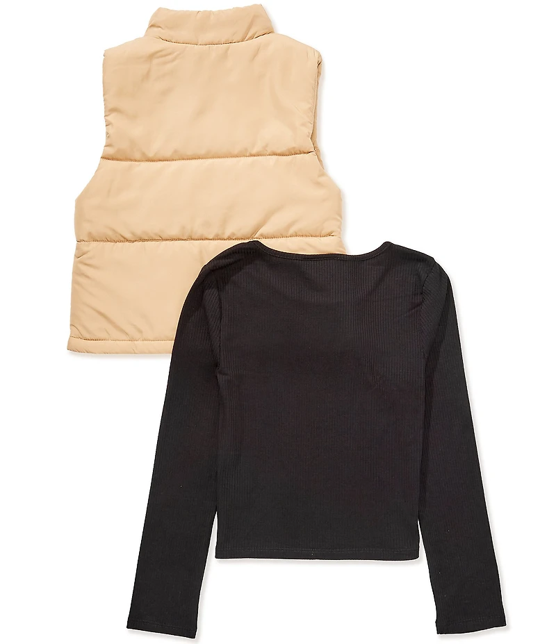 I.N. Girl Big Girls Sleeveless Puffer Vest & Solid Long-Sleeve Solid Rib-Knit Top