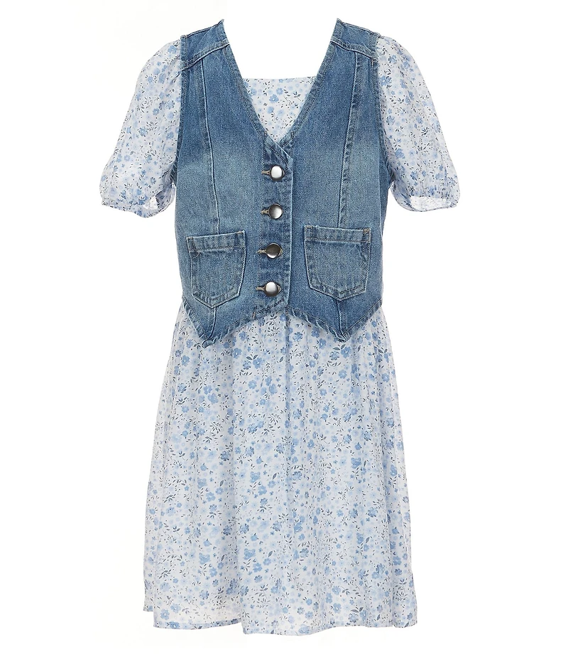 I.N. Girl Big Girls Sleeveless Western-Inspired Denim Vest & Short-Sleeve Ditsy-Floral Babydoll Dress Set