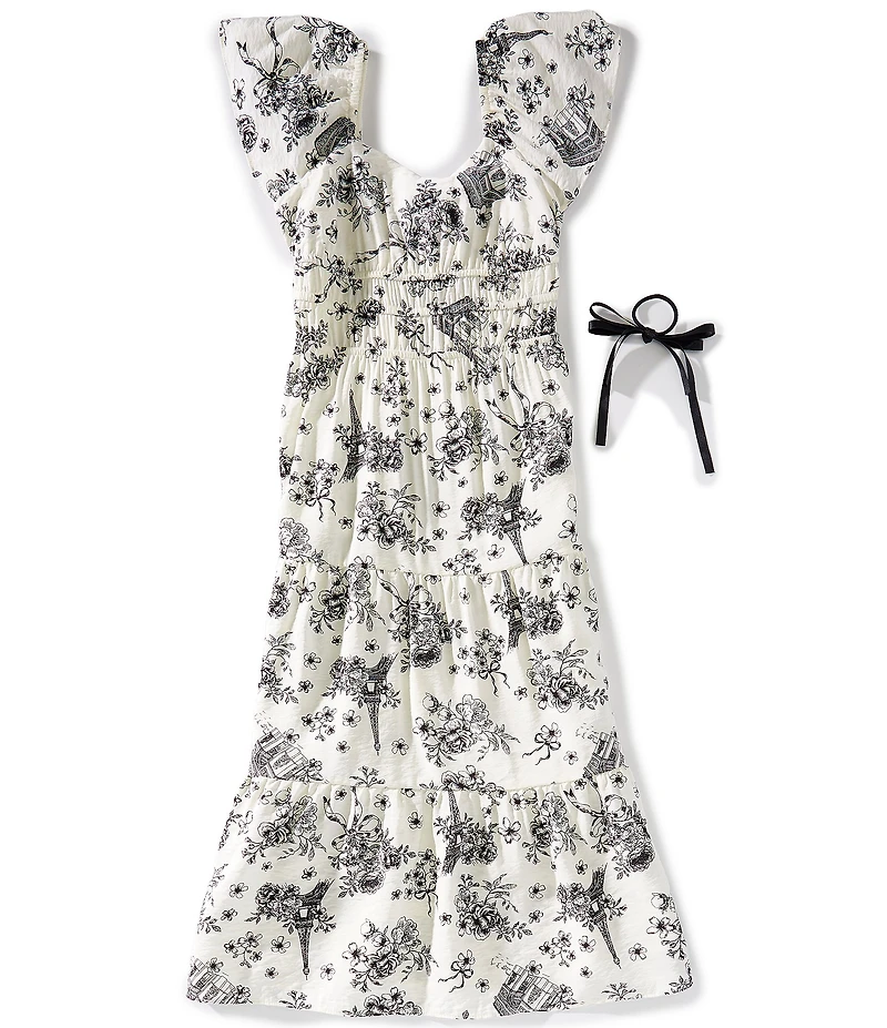 I.N. Girl Big Girls Flutter Sleeve Paris Toile Printed Maxi Dress