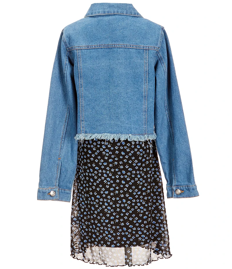 I.N. Girl Big Girls Long-Sleeve Denim Jacket & Short-Sleeve Floral Printed Sheer-Overlay Dress