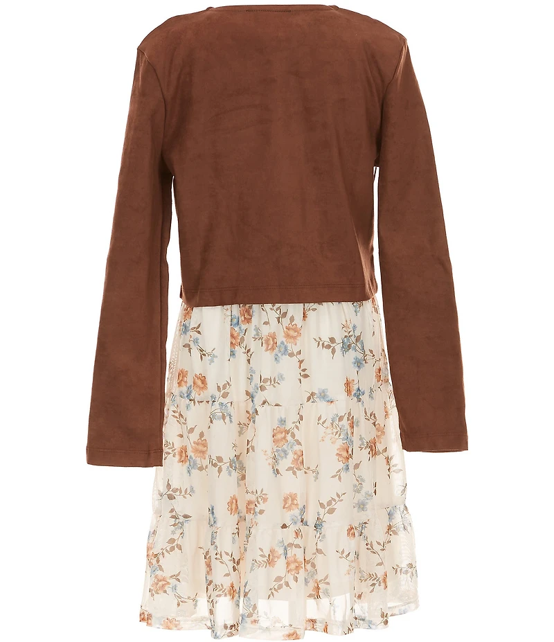 I.N. Girl Big Girls Long-Sleeve Fringed Faux-Suede Jacket & Short-Sleeve Printed Fit-And-Flare Dress Set