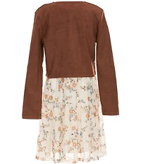 I.N. Girl Big Girls Long-Sleeve Fringed Faux-Suede Jacket & Short-Sleeve Printed Fit-And-Flare Dress Set