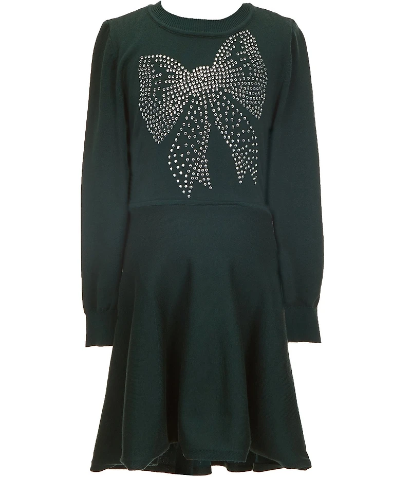 I.N. Girl Big Girls Long-Sleeve Heat-Sealed-Bow-Motif Fit-And-Flare Sweater Dress
