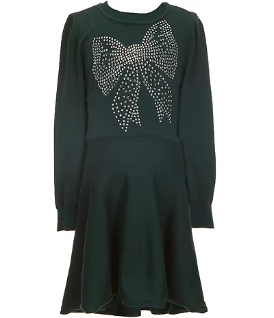 I.N. Girl Big Girls Long-Sleeve Heat-Sealed-Bow-Motif Fit-And-Flare Sweater Dress