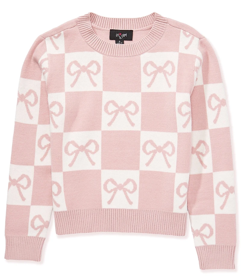 I.N. Girl Big Girls Long-Sleeve Mixed-Media Checked/Bow-Printed Sweater