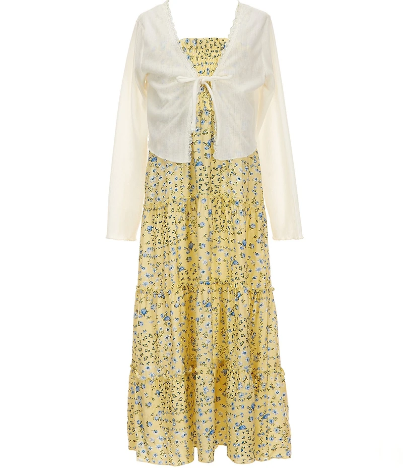 I.N. Girl Big Girls Long-Sleeve Solid Cardigan & Sleeveless Floral Printed Long Dress 2-Piece Set
