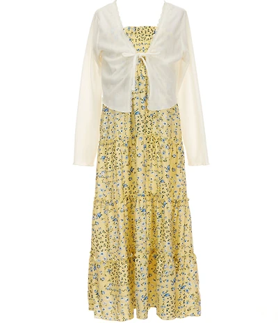 I.N. Girl Big Girls Long-Sleeve Solid Cardigan & Sleeveless Floral Printed Long Dress 2-Piece Set