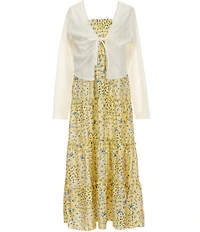 I.N. Girl Big Girls Long-Sleeve Solid Cardigan & Sleeveless Printed Long Dress 2-Piece Set