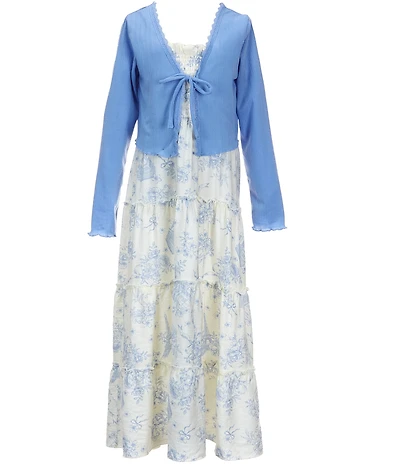 I.N. Girl Big Girls Long-Sleeve Solid Cardigan & Sleeveless Printed Long Dress 2-Piece Set