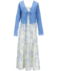 I.N. Girl Big Girls Long-Sleeve Solid Cardigan & Sleeveless Printed Long Dress 2-Piece Set