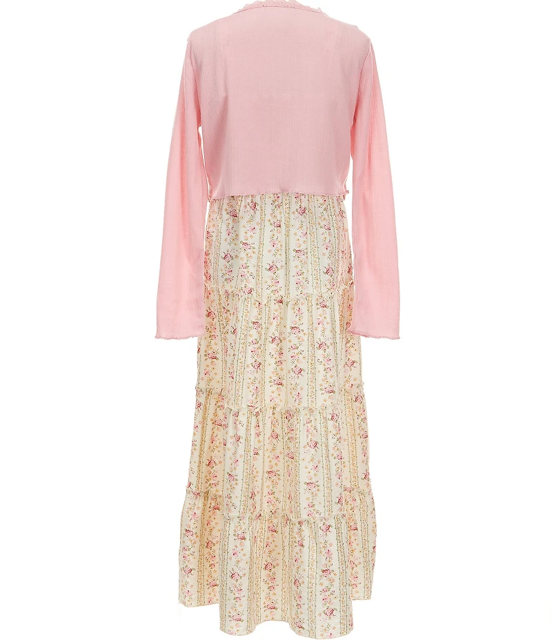 I.N. Girl Big Girls Long-Sleeve Solid Cardigan & Sleeveless Printed Long Dress 2-Piece Set