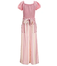 I.N. Girl Big Girls Puffed-Sleeve Tie Waist Striped Jumpsuit