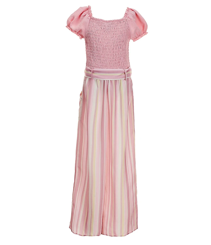 I.N. Girl Big Girls Puffed-Sleeve Tie Waist Striped Jumpsuit