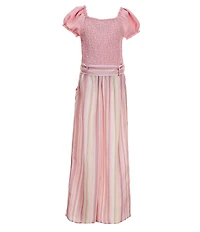 I.N. Girl Big Girls Puffed-Sleeve Tie Waist Striped Jumpsuit