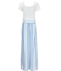 I.N. Girl Big Girls Puffed-Sleeve Tie Waist Striped Jumpsuit