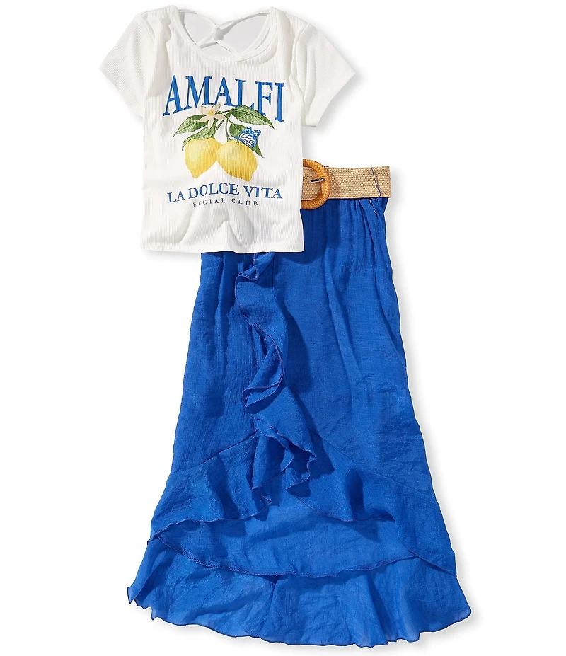 I.N. Girl Big Girls Short-Sleeve Amalfi Lemon-Printed Cinched-Side T-Shirt & Solid High-Low-Hem Skirt Set