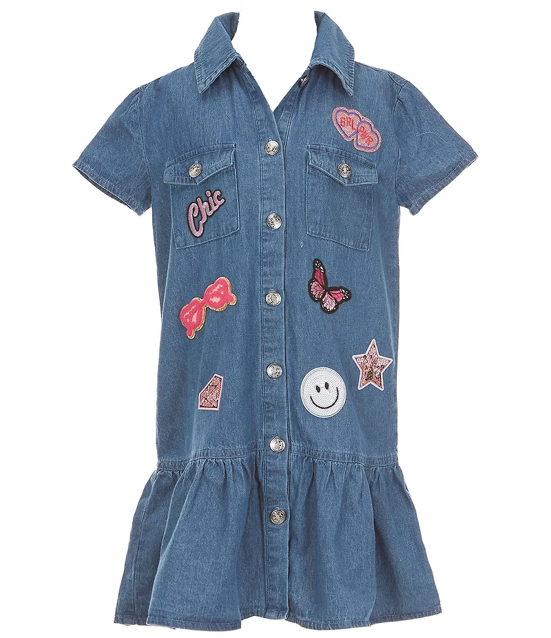 I.N. Girl Big Girls Short Sleeve Patch-Applique Denim Dress