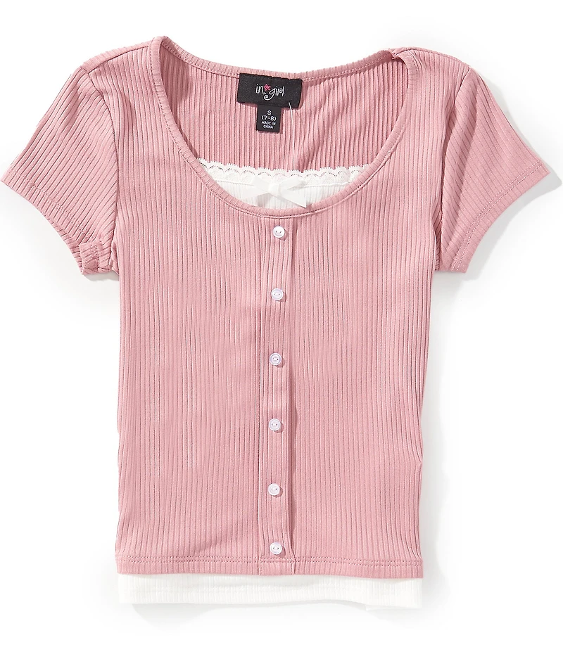 I.N. Girl Big Girls Short-Sleeve Faux-Button-Front Two-Fer Top