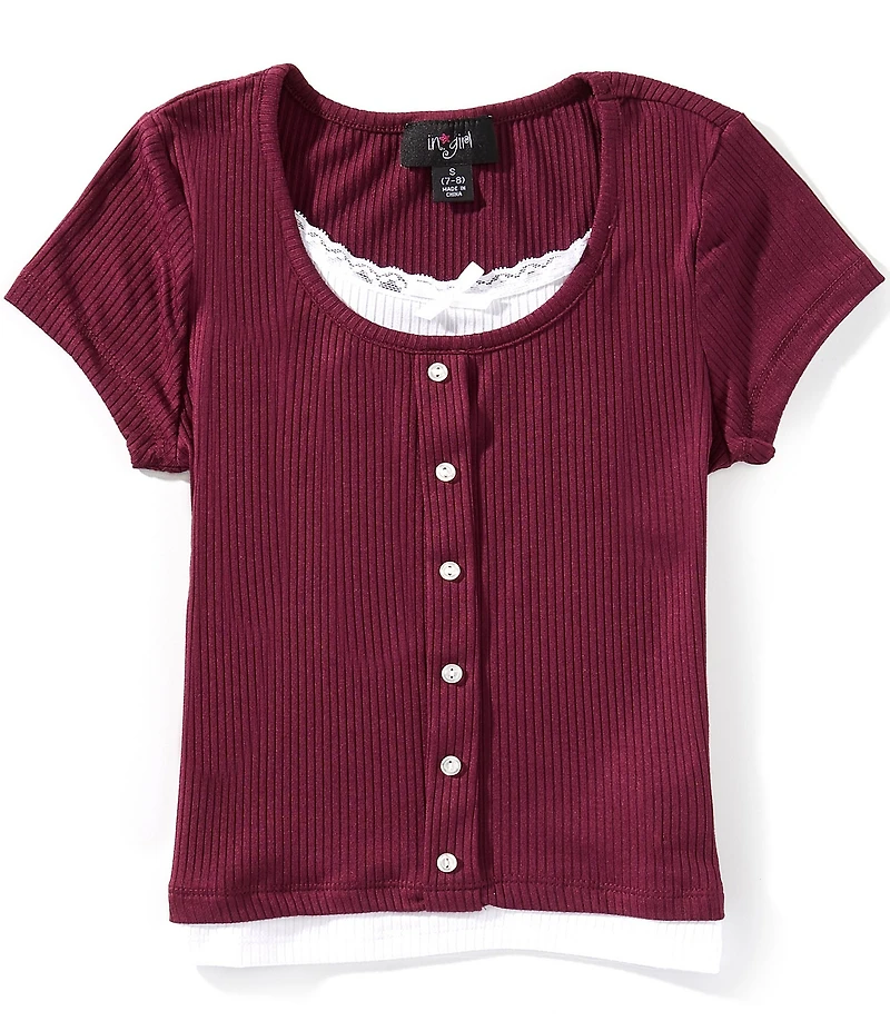 I.N. Girl Big Girls Short-Sleeve Faux-Button-Front Two-Fer Top