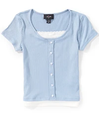 I.N. Girl Big Girls Short-Sleeve Faux-Button-Front Two-Fer Top