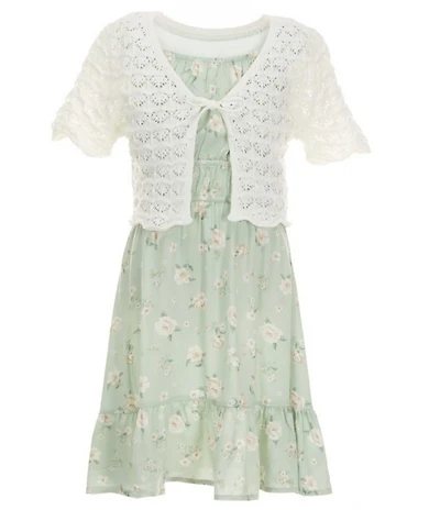 I.N. Girl Big Girls Short-Sleeve Novelty-Stitched Crocheted Cardigan & Sleeveless Floral-Printed Fit-And-Flare Dress Set